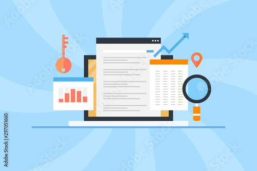 Search engine optimization, seo keyword research, website on-page analysis, digital marketing, web content concept. Flat design business banner for blog, presentation, template.