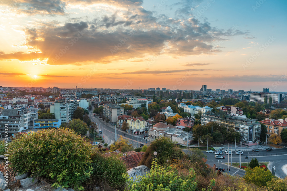 Panoramic autumn sunset in Plovdiv city, Bulgaria
