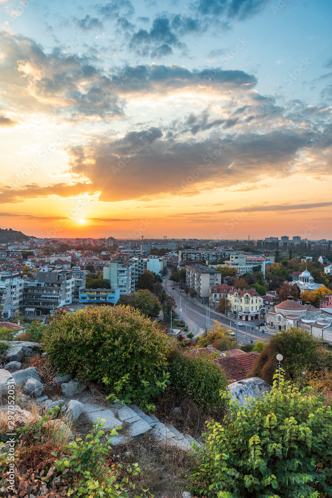 Autumn sunset over Plovdiv city, Bulgaria. European capital of culture 2019 and the oldest living city in Europe. Photo from one of the hills in the city.