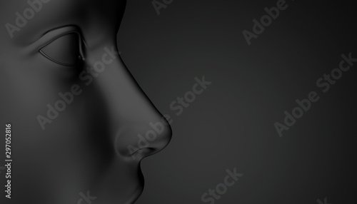 Black mannequin face on dark background at close range. The profile of the face, eyes and nose. Showcase for body piercing. 3D rendering.