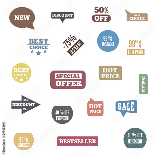 Set of colored label of discount and sale, vector illustration.