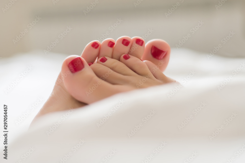 Naklejka premium female finger with red pedicure in bed from under the white covers Close-up of covered female feet with red pedicure