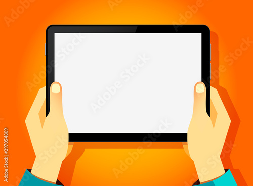 Hands holing tablet computer with blank screen. Using digital tablet pc, flat design concept. Eps 10 vector illustration