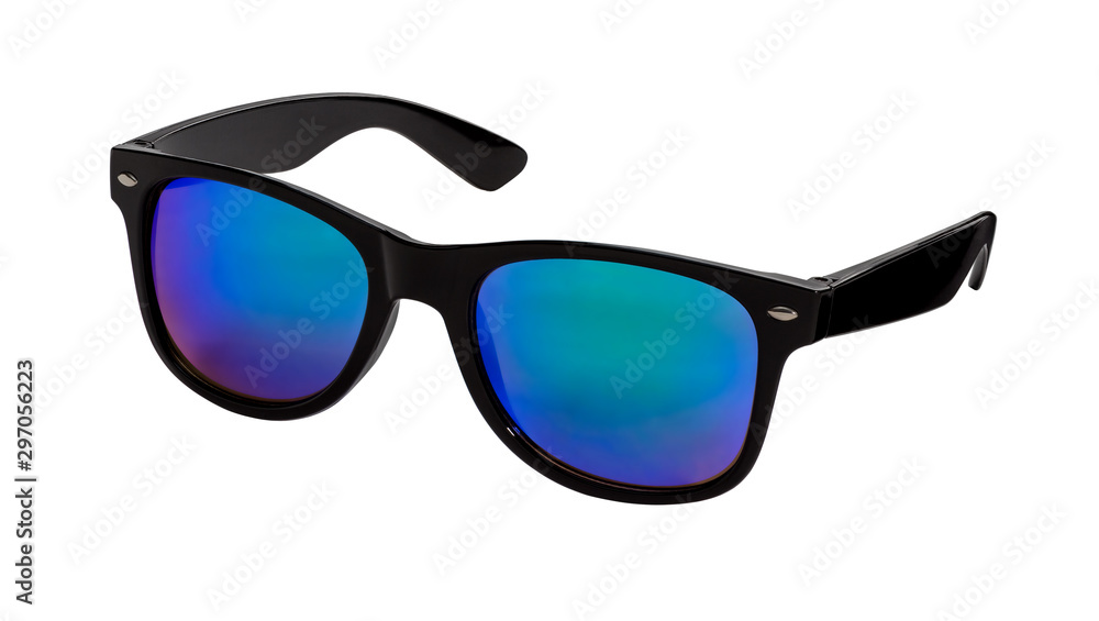 Stylish unisex sunglasses on a white background. View in half a turn..
