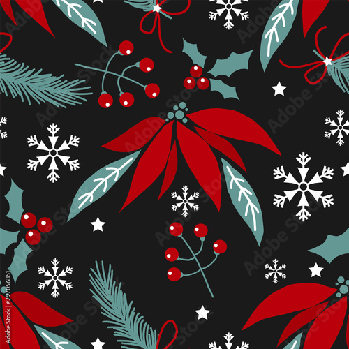 Christmas holiday season seamless pattern of Christmas flowers  pine branch with ribbon  holly berries with leaves  star and snowflakes on black background. Vector illustration.