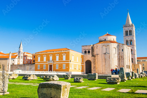 Croatia, city of Zadar, st. Donat church, old Roman forum ruins and Cathedral of St. Anastasia bell tower