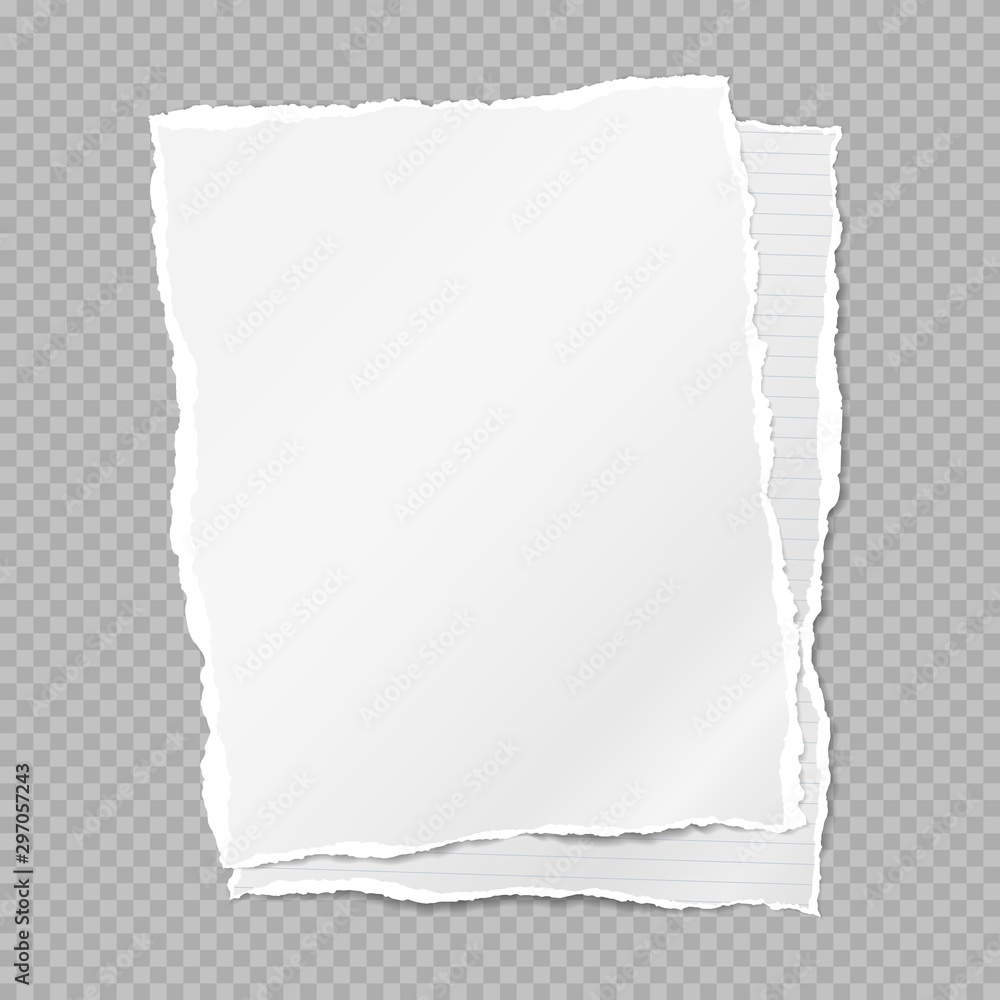 Torn, ripped piece of white and lined paper sheets with soft shadow are on squared grey background. Vector illustration Torn, ripped piece of white and lined paper sheets with soft shadow are on squared grey background. Vector illustration
