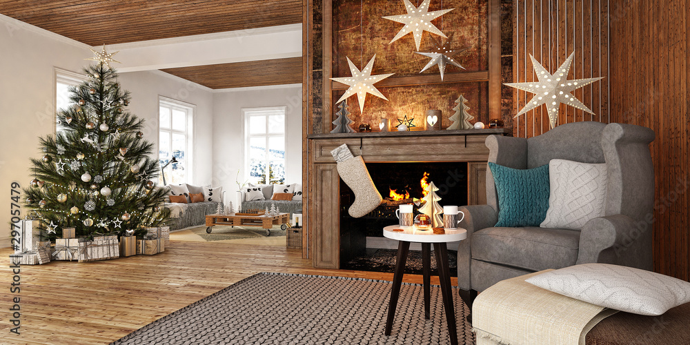 New year tree in scandinavian style interior with christmas decoration and fireplace - obrazy, fototapety, plakaty 