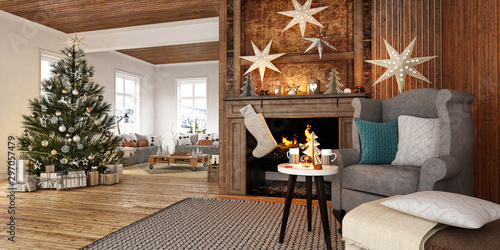 Konstfotografi New year tree in scandinavian style interior with christmas decoration and firep