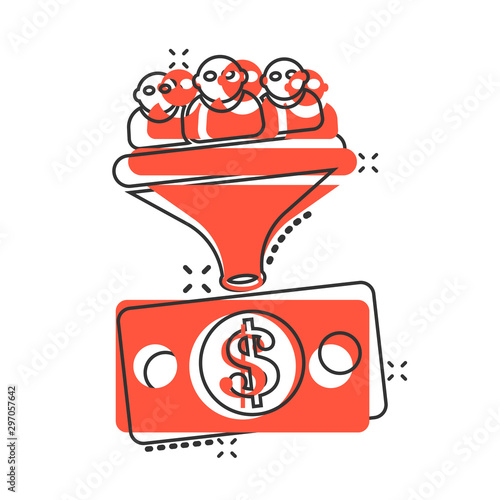 Lead management icon in comic style. Funnel with people, money vector cartoon illustration pictogram. Target client business concept splash effect.