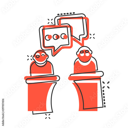 Politic debate icon in comic style. Presidential vector cartoon illustration pictogram. Businessman discussion business concept splash effect.