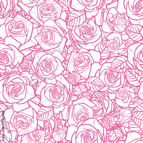 Vector pink and white roses and berries flowerbed outline seamless pattern. Perfect for romantic backgrounds, wrapping paper and fabric. © Jamie Soon
