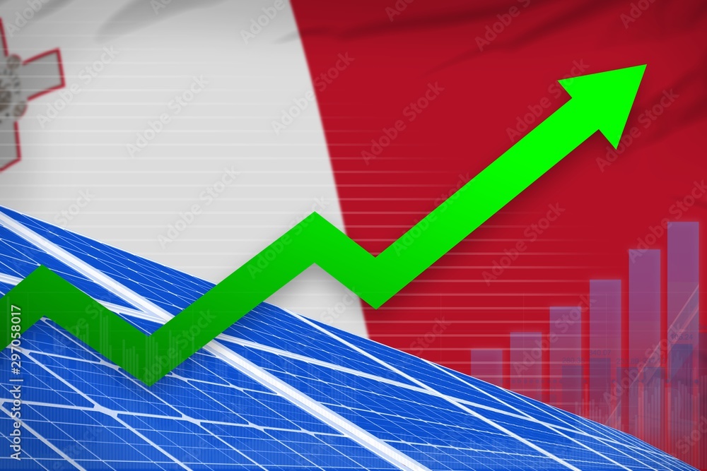 Fototapeta premium Malta solar energy power rising chart, arrow up - renewable natural energy industrial illustration. 3D Illustration