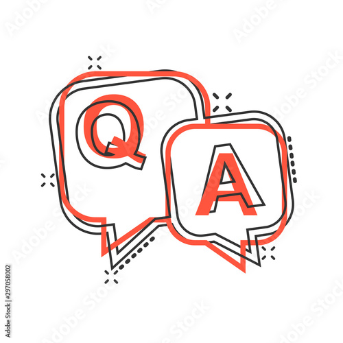 Question and answer icon in comic style. Discussion speech bubble vector cartoon illustration pictogram splash effect.
