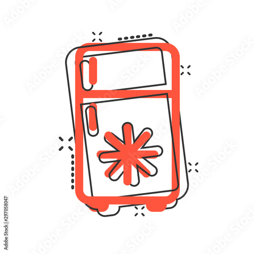 Fridge refrigerator icon in comic style. Freezer container vector cartoon illustration pictogram splash effect.