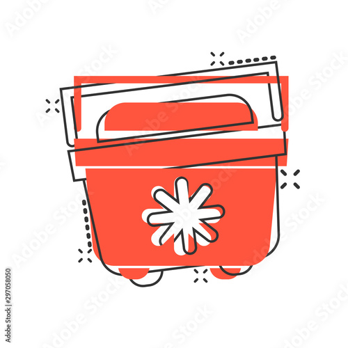 Fridge refrigerator icon in comic style. Freezer container vector cartoon illustration pictogram splash effect.