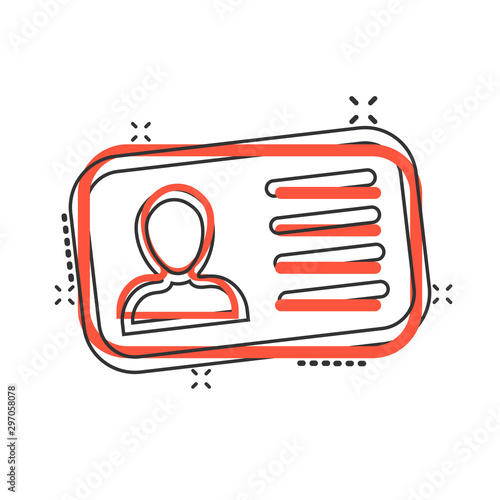 Id card icon in comic style. Identity badge vector cartoon illustration pictogram. Access cardholder people business concept splash effect.