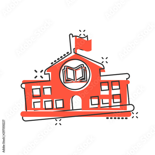 School building icon in comic style. College education vector cartoon illustration pictogram. Bank, government business concept splash effect.