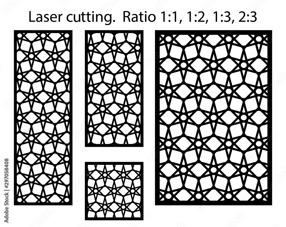 Cnc stars geometric template set. Laser cutting vector pattern. Panels and screens for cnc cut. Cnc stars geometric template set. Laser cutting vector pattern. Panels and screens for cnc cut.