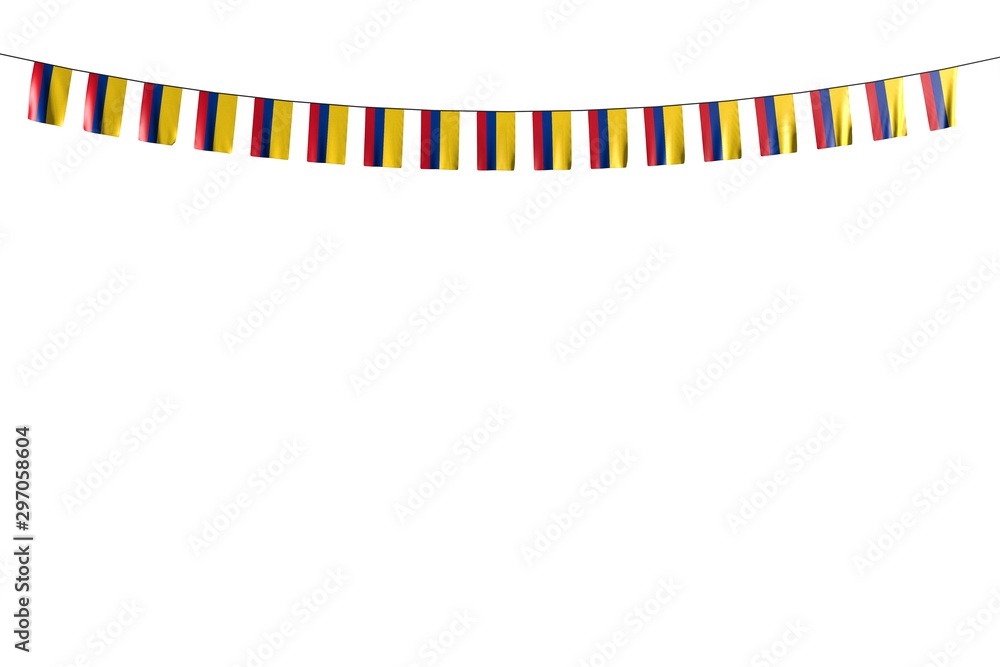 cute many Colombia flags or banners hanging on rope isolated on white - any celebration flag 3d illustration.. cute many Colombia flags or banners hanging on rope isolated on white - any celebration flag 3d illustration..
