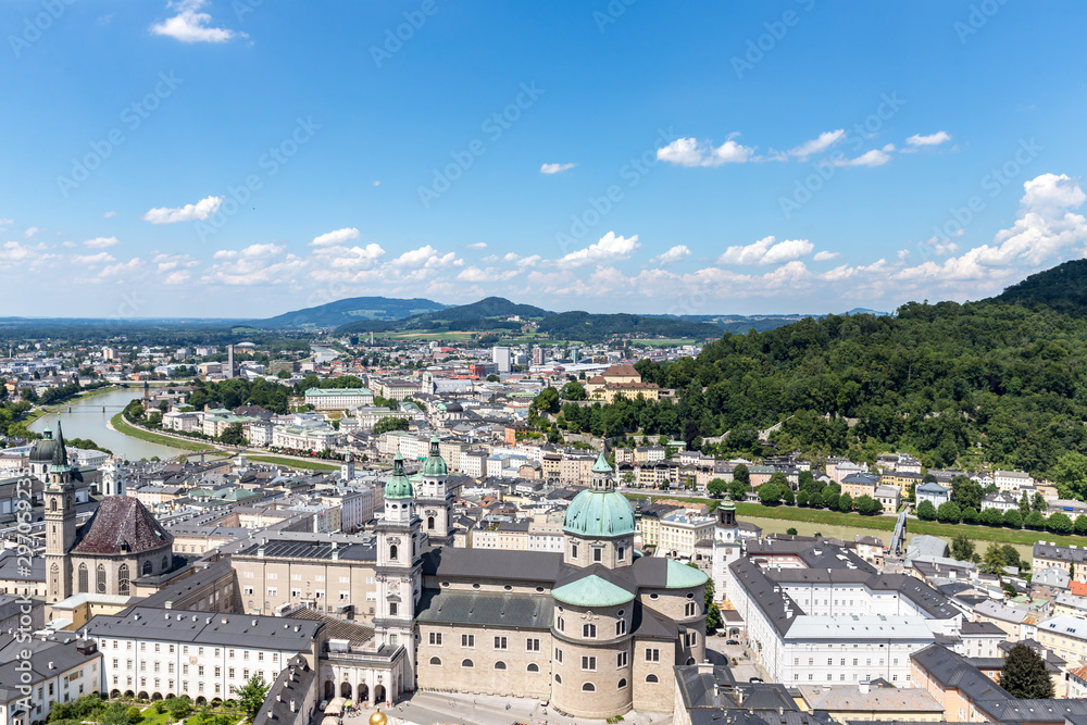 City of Salzburg with Salzach in summer, Salzburger Land,