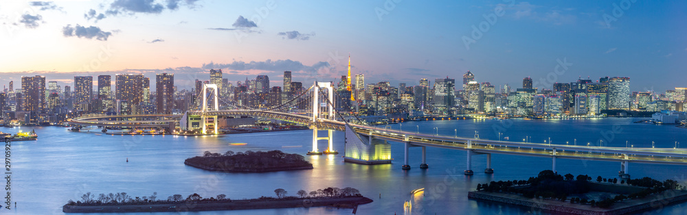 Panorama Twillight view of Tokyo Bay , Rainbow bridge and Tokyo Tower landmark