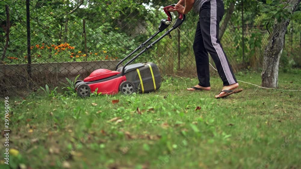 Woman working with electic mower machine in the garden. Lawn mower cutting green grass outdoors. Woman working with electic mower machine in the garden. Lawn mower cutting green grass outdoors.