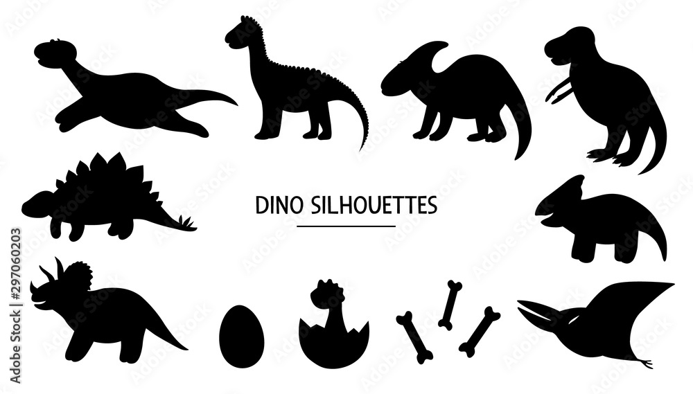 Vector set of dino silhouettes. Black and white illustration of dinosaurs. Funny cute prehistoric themed stencils..