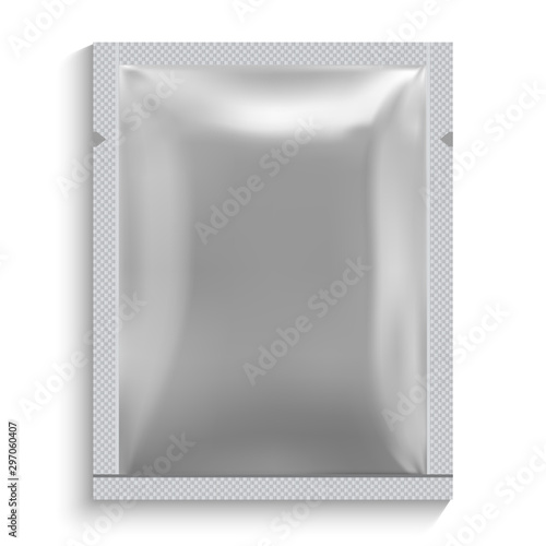 Tea sachet mockup. Foil sugar package vector blank. Sample plastic or paper bag template for chocolate. Wet napkin pouch mock up. Cosmetic probe cover illustration. Seasoning sause packet