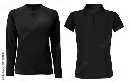 T shirt template mock up. Black vector blank front view. Short and long sleevve fashion sweatshirt unisex. Sports polo clothes. Uniform undershirt for men and women. Editable design