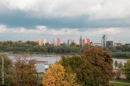 Panoramic autumn view of the old city of the Polish capital of Warsaw. City landscape on a sunny day.