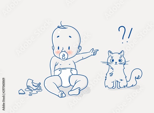 Cute little baby sitting on floor near broken cup and pointing his finger at the cat. Vector illustration