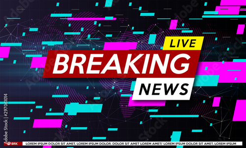 Background screen saver on breaking news. Breaking news live on world map on the glitch effect and modern  background. Vector illustration.