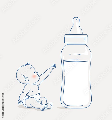 Cute baby boy sitting on floor and reaching out to a huge bottle of milk. Cartoon vector illustration