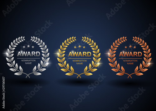 Set of gold, silver and bronze laurel wreath. Winner label, leaf symbol victory with blue background. Vector illustration