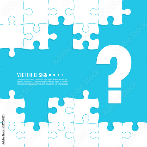 Vector abstract background with unfinished jigsaw puzzle pieces. Question mark symbol. Problem solving concept.