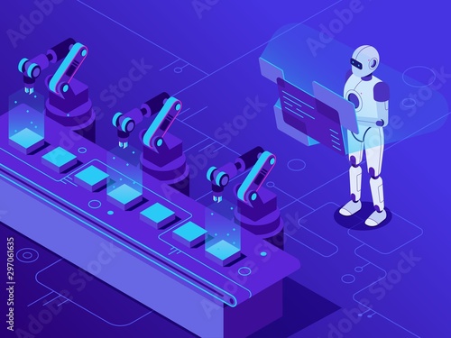 Manufacturing automatization. Artificial intelligence controls automated conveyor and robotized industry. Industrial factory work automatization, robotic plant isometric vector illustration