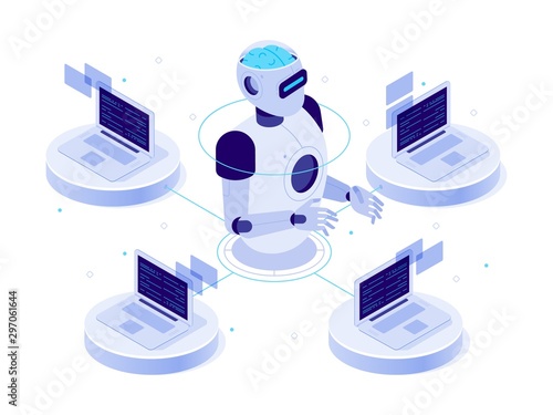 Artificial intelligence network. Virtual AI bot, chat with computer assistant and machine learning. Digital robotic chatbot software, futuristic isometric isolated vector concept illustration