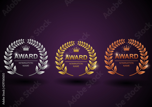 Set of gold, silver and bronze laurel wreath. Winner label, leaf symbol victory with purple background. Vector illustration