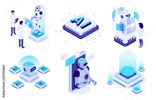 Isometric artificial intelligence. Digital brain neural network, AI servers and robots technology, artificial bot mind and intelligent robotic building. Isolated vector illustration icons set