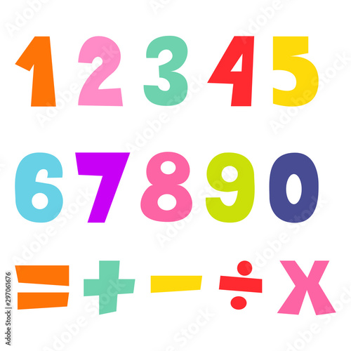 Cartoon flat kids number figures. Math signs vector for child play.