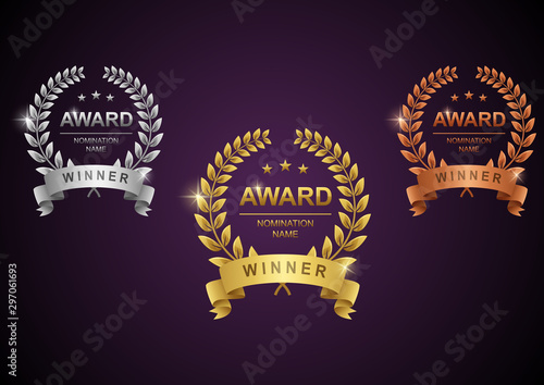 Set of gold, silver and bronze laurel wreath with golden ribbon. Vector illustration