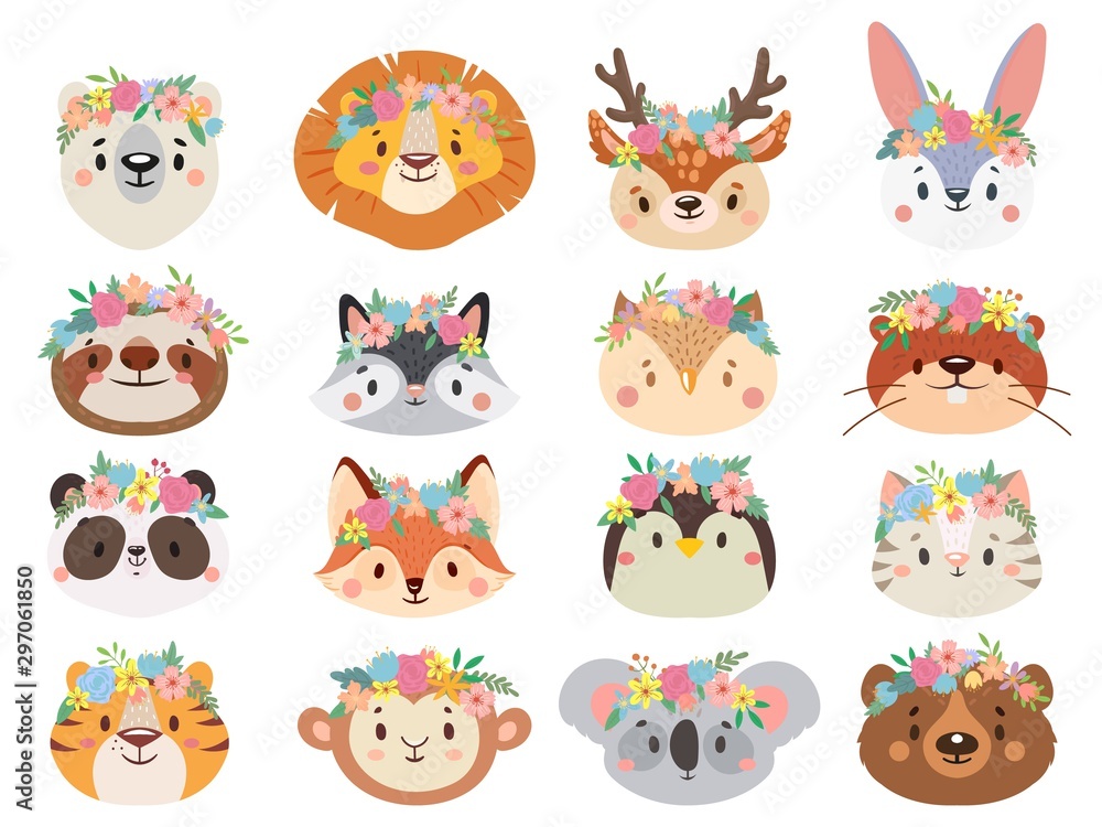 Funny animals in flower wreaths. Happy animal head with flower, fun cat and pet face in wreath. Pets and forest animals character face in flower crown stickers. Isolated vector icons set