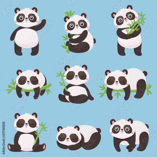 Cartoon panda kids. Little pandas, funny animals with bamboo and cute sleeping panda bear. Doodle mascot pandas mammal character sticker or kid toys. Isolated vector illustration icons set
