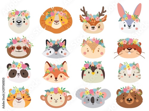 Funny animals in flower wreaths. Happy animal head with flower  fun cat and pet face in wreath. Pets and forest animals character face in flower crown stickers. Isolated vector icons set