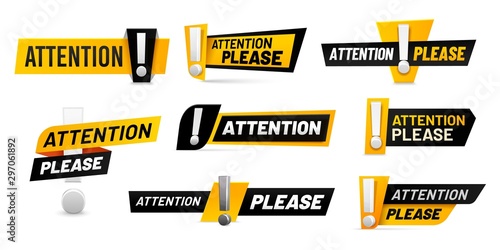 Attention please badges. Important message, warnings frames with exclamation point and black and yellow attention badge. Important word, danger announcements information. Isolated vector icons set