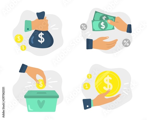 Money in hands. Finance investments, donate foundation and financial savings. Coins donations, corruption metaphor or buying deal payment. Isolated vector illustration icons set