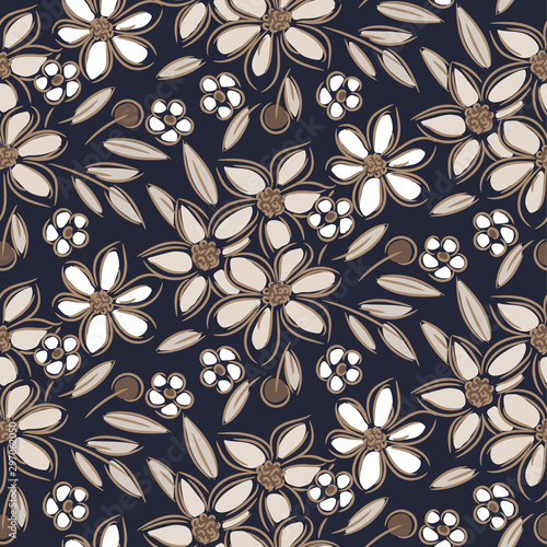 Flowers vintage handdrawn brown taupe colors seamless vector pattern.