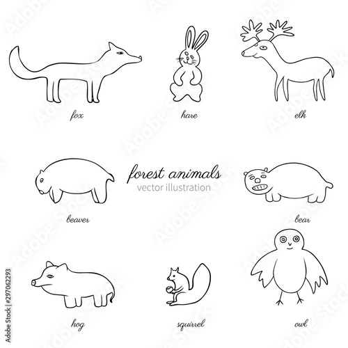 Cartoon funny vector forest animals isolated on white, hand drawn line art sketch, decorative wild mammal set, doodle hand drawn cute illustration line art, Character design for baby card, pattern Stock Vector | Cartoon funny vector forest animals isolated on white, hand drawn line art sketch, decorative wild mammal set, doodle hand drawn cute illustration line art, Character design for baby card, pattern Stock Vector |
