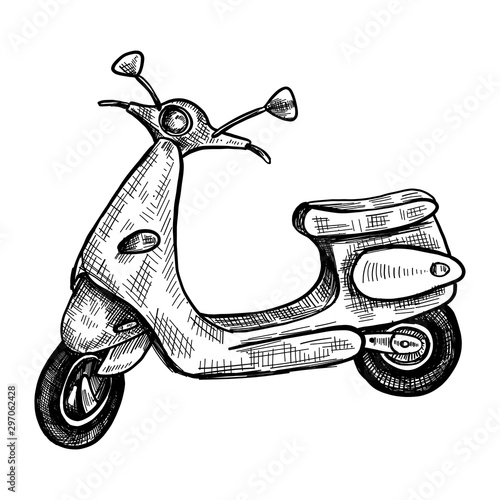 Retro scooter hand drawn ink sketch, moped vector illustration isolated on white, decorative motorroller vintage romantic style for design scrapbook, advertising travel, greeting card and invitation